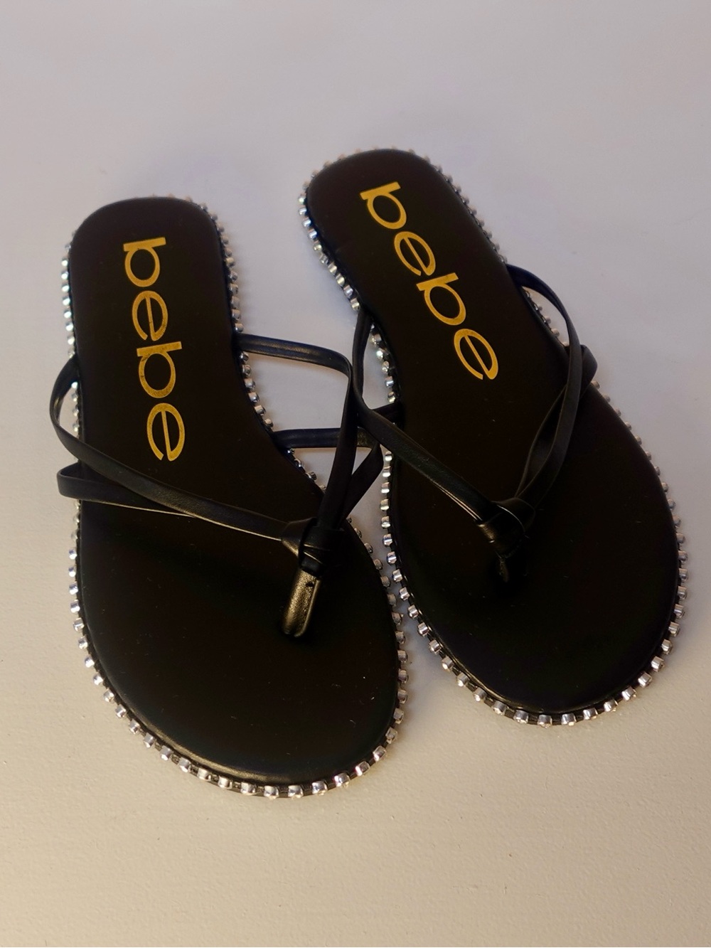 bebe Black Rhinestone-Trim Strappy Thong flipflops